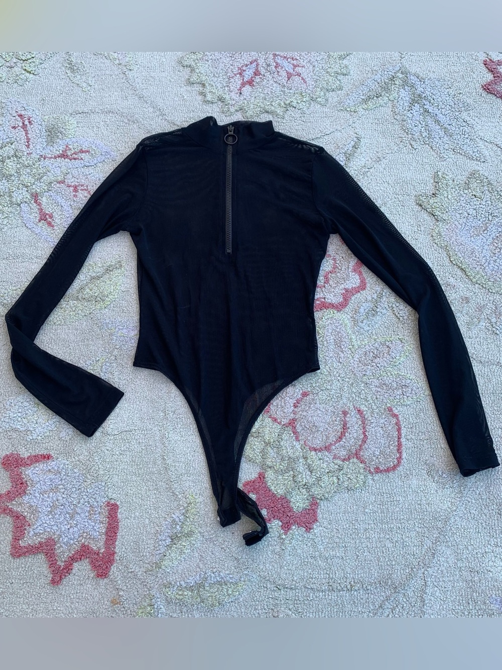 Fashion Nova Black Mesh Long Sleeve Zip Bodysuit size small